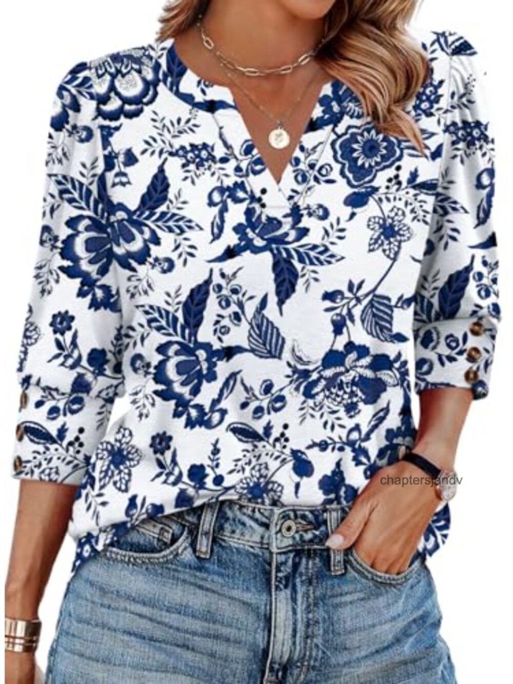 3/4 Sleeve V-Neck Blouse with Button Cuffs Dressy Casual Top